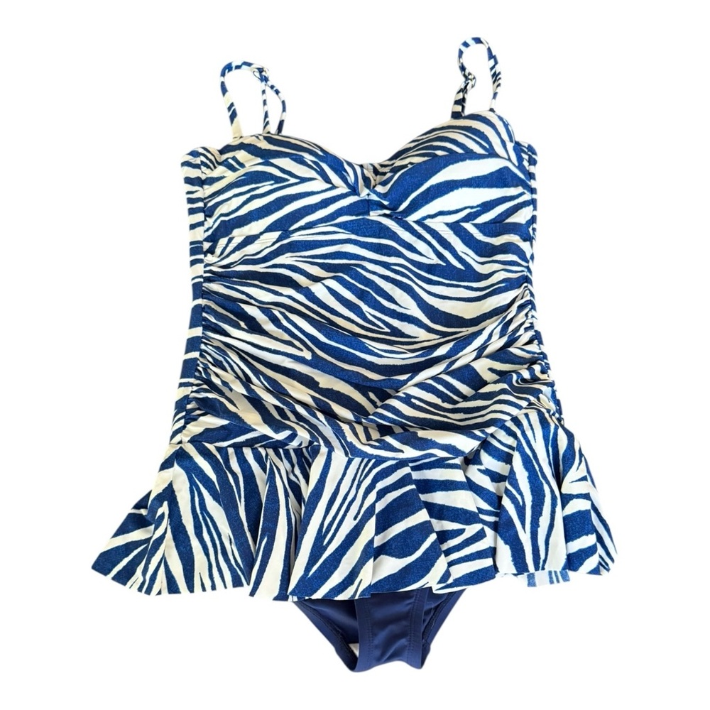 Chaps Skirted Pin Up One Piece Swimsuit Size 16 XL Zebra Print Blue White - Picture 10 of 16